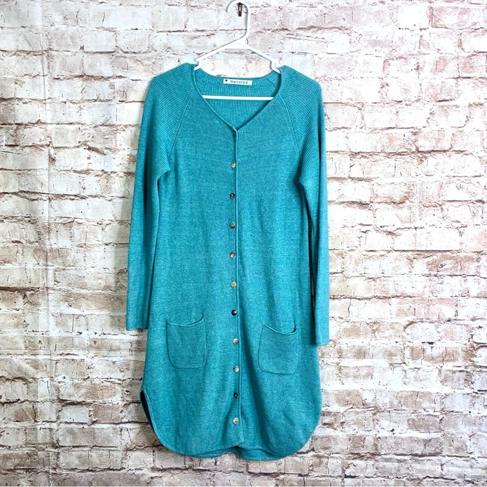 Mansted Organic Eco 100% Cotton Long Button Up Cardigan in Teal Size Small